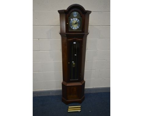 A MODERN MAHOGANY CORNER LONGCASE CLOCK, tempus fugit to dial and chime/silent lever, height 197cm (three weights)