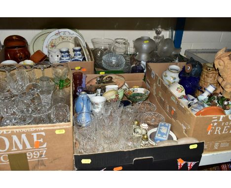 FIVE BOXES OF CERAMICS AND GLASSWARE, including Wedgwood pale blue Jasperware, a Meito China cruet set on tray, a small quant