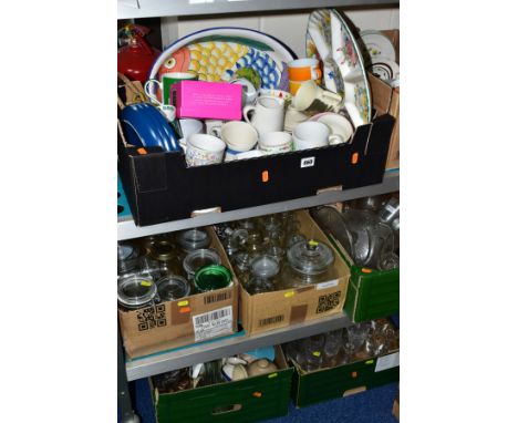 SEVEN BOXES AND LOOSE KITCHEN CROCKERY AND GLASSWARE, including mugs, kilner jars, storage jars, cereal bowls, two pieces of 