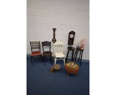 A QUANTITY OF VARIOUS FURNITURE, to include a modern mahogany wall clock, barometer, three various chairs including a Bentwoo