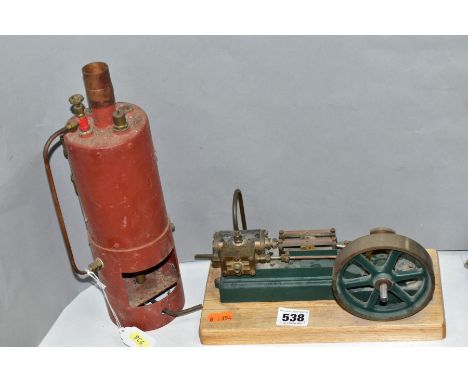 A HORIZONTAL SINGLE CYLINDER LIVE STEAM ENGINE, no makers marking, not tested, in run condition, diameter of flywheel approxi