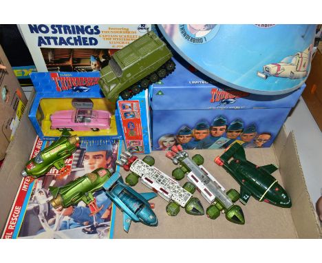 A QUANTITY OF GERRY ANDERSON RELATED DIECAST VEHICLE AND EPHEMERA, to include playworn Dinky Toys Thunderbird 2 and 4, No. 10