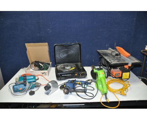 A CHALLENGE MT55 795 TABLE SAW, a Challenge Hedge Trimmer, a Powercraft Drill, a Delta electric Knife sharpener, a Parkside H
