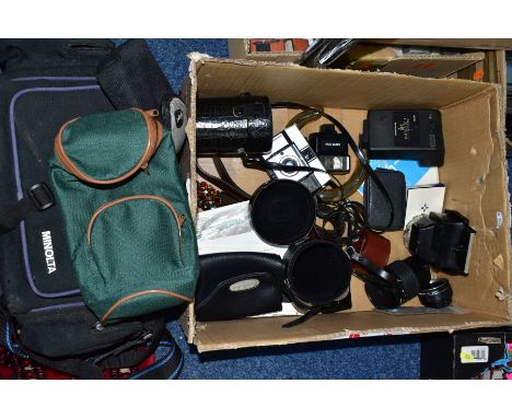 A SMALL QUANTITY OF PHOTOGRAPHY EQUIPMENT, etc, including a Bilora camera, a Sunpack SP140 flash, a Rollei flash, a Minolta M