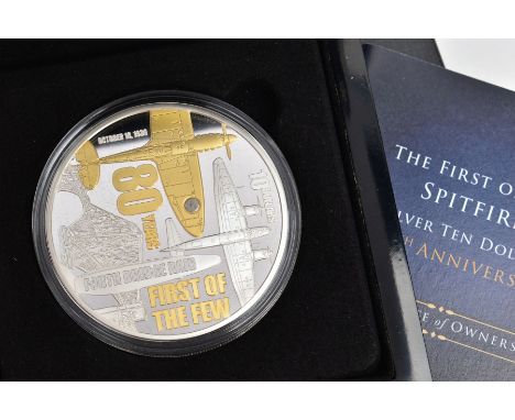 A BRADFORD EXCHANGE BOXED SILVER FIVE OUNCE 2019 .999 TEN DOLLAR, Niue proof the first of few Spitfire 80th Anniversary with 