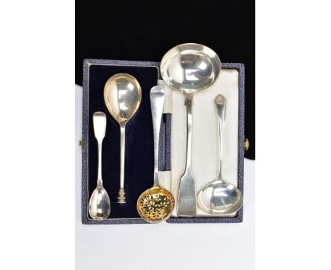 FIVE SILVER SPOONS, to include a 1960's Mappin &amp; Webb silver sauce spoon, an early Victorian silver sauce ladle, hallmark