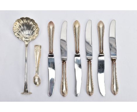 A SELECTION OF CUTLERY, to include a George III silver sauce ladle with shell bowl and scroll finial, hallmark for London 176