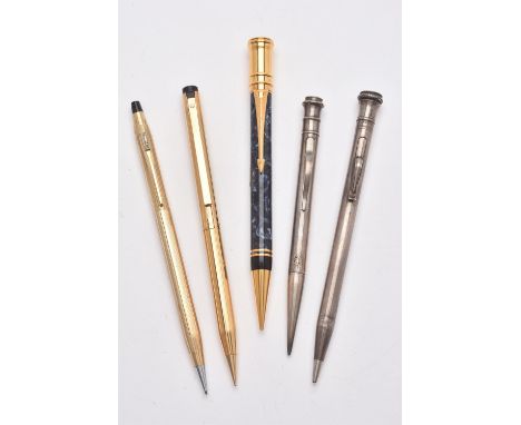 
	
		Parker, Duofold, a blue marbled propelling pencil, with a gilt arrow clip; Eversharp, a silver propelling pencil, engrav