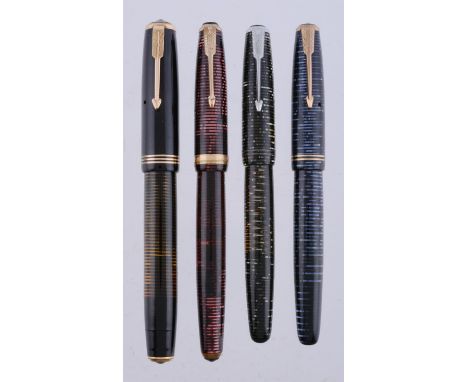 
	
		Parker, Vacumatic, four fountain pens, to include a black fountain pen, the cap with a gilt arrow clip and triple cap ba