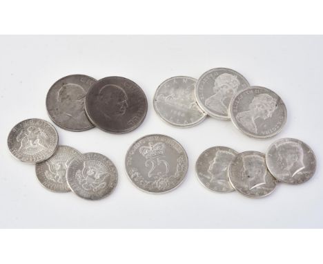 
	
		U.S.A., John F. Kennedy, Half Dollar, 1964 (6); Canada, Dollar, 1966 (3); United Kingdom, cupro-nickle commemorative cro