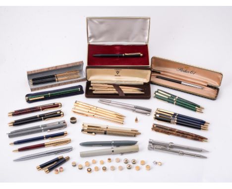 
	
		A collection of ball point pens, roller ball pens and propelling pencils, to include: Parker, 61, a black ball point pen