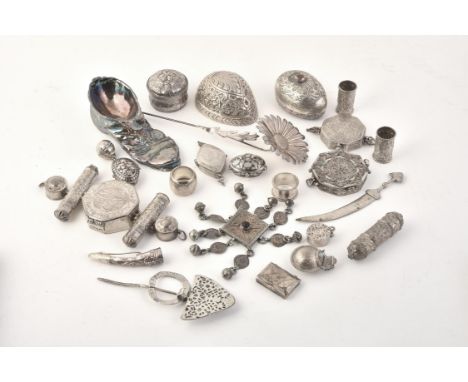 
	
		A collection of silver coloured items, to include: a silver coloured model of a boot, stamped 925, 14.5cm (5 3/4in) long