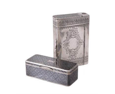 
	
		Two Russian silver boxes, the first a rectangular cigarette cum vesta case with slow match, maker's Mark LL (Cyrillic, n