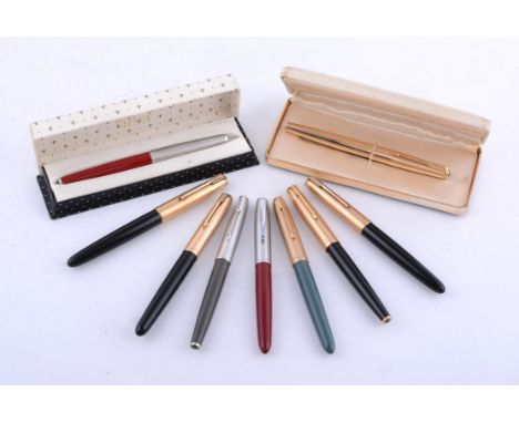 
	
		Parker, nine assorted fountain pens with hooded nibs, to include a Parker, 61, gold plated fountain pen, the cap with an