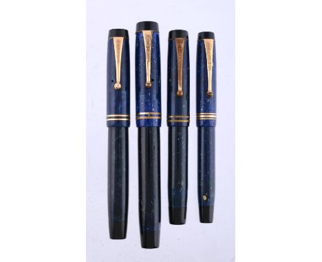 
	
		Parker, Duofold, four blue marbled fountain pens, to include a larger example, the cap with a gilt clip and double cap b