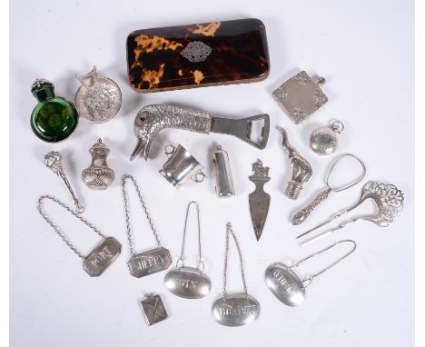 
	
		Y&nbsp;A collection of small silver, plated wares and objects, including: a late Victorian silver encased green glass sc