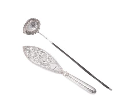 
	
		A George III silver fish slice and toddy ladle, the slice by Robert Hennell I, London 1781, bright-cut and scroll pierce