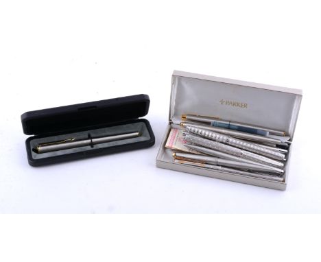 
	
		Parker, eight white metal fountain pens and three ball point pens, various models to include a Parker, Arrow, a white me