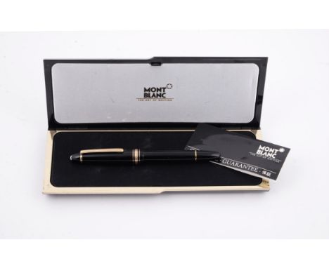 
	
		Montblanc, Meisterstuck, a black fountain pen, the cap with a gilt clip and triple cap band, the two tone nib stamped 14