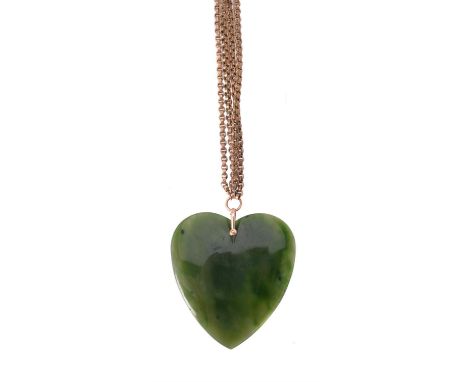
	
		A nephrite jade heart pendant, the polished plaque, 5.5cm long, with a suspension loop to a belcher link neckchain, appl
