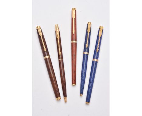 
	
		Parker, a lapis lazuli coloured fountain pen and ball point pen, the fountain pen cap with gilt arrow clip, squeeze bar 
