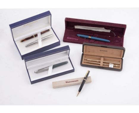 
	
		A collection of assorted pens, to include: Parker, Falcon, a gold plated fountain pen and ball point pen, the fountain p