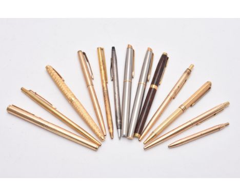 
	
		A collection of pens, to include: Parker, a brown lacquer fountain pen, the cap with a gilt arrow clip and cap band, the