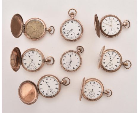 
	
		A collection of eight gold plated pocket watches, to include: Thomas Russell &amp; Son, a gold plated keyless wind full 