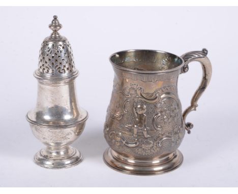 
	
		A George II silver baluster mug by James Wilks, London 1752, with a foliate capped double scroll handle, later embossed 