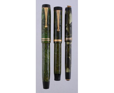 
	
		Parker, Duofold, a green marbled fountain pen, the cap with gilt clip and double cap band, the nib stamped 18ct, button 