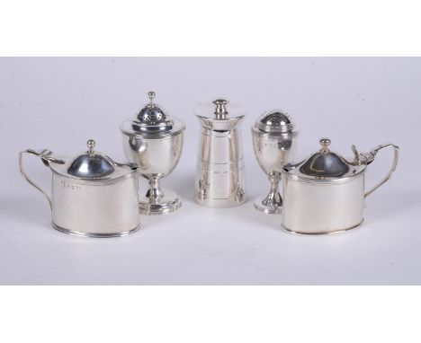 
	
		A collection of silver cruet items, comprising: a George III silver oval mustard by Robert Hennell I &amp; Samuel Hennel