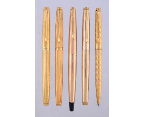 
	
		Parker, four gold plated fountain pens, to include: Parker, a gold plate fountain pen with engine turned decoration, the