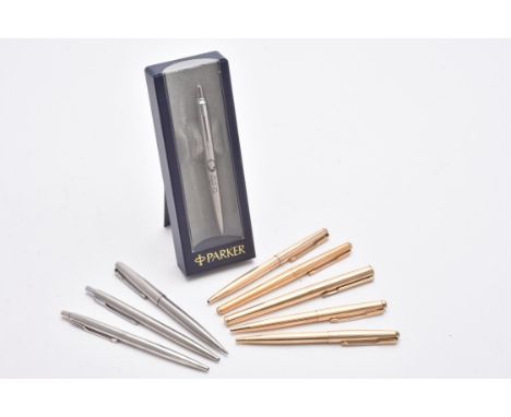 
	
		Parker, a collection of pens, to include: a white metal ball point pen, with an arrow clip and engraved Royal Wedding 29