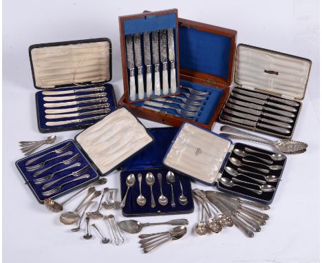 
	
		Y&nbsp;A collection of assorted silver flatware, to include: an Old English pattern caddy spoon by Thomas Bradbury &amp;