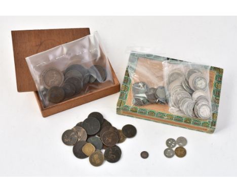 
	
		British and world coins in silver and base metal, mostly 19th and 20th century, a few earlier, includes Florins 1902, 19