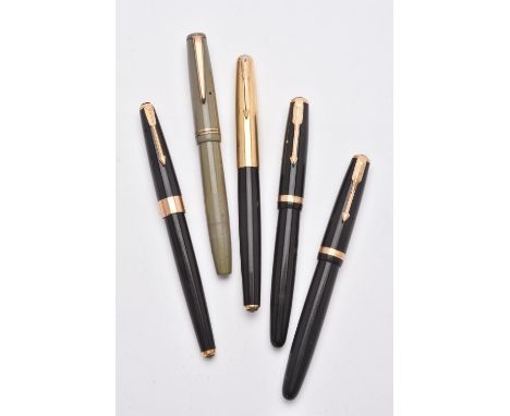 
	
		Parker, Duofold, two black fountain pens, the caps with a gilt arrow clip and cap band, the nibs stamped 14K, button fil