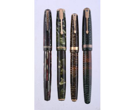 
	
		Parker, Vacumatic, three fountain pens, to include a green marbled example, the cap with a gilt arrow clip and double ca