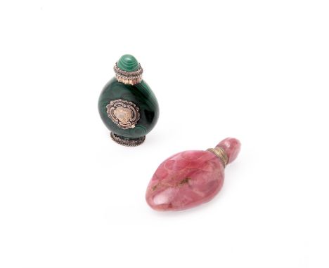 
	
		Two hardstone scent bottles, the first silver mounted malachite, import marked for London 1927, sponsor's mark of B.C.T 