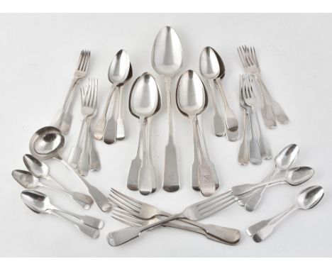 
	
		A collection of silver fiddle pattern flatware, by various makers and dates, to include: a George IV serving spoon by Si