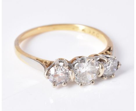 
	
		A diamond three stone ring, set with old brilliant cut diamonds in coronet mounts, approximately 1.00 carat total, unmar