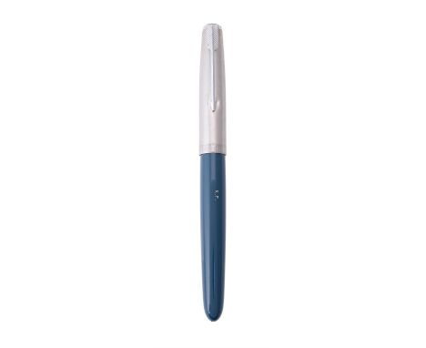 
	
		Parker, 51, a teal fountain pen, the white metal cap with arrow clip, the barrel stamped H.P., hooded nib, squeeze bar f