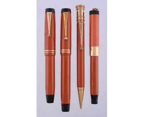 
	
		Parker, Duofold Special, an orange fountain pen, the cap with gilt clip and double cap band, button filling system, inke