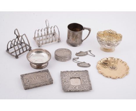 
	
		A collection of silver, silver coloured and electro-plated items, to include: a Victorian shaped oval pedestal bowl by W