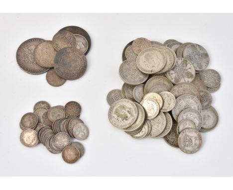 
	
		British silver coinage, Crown 1819, Double-Florin 1887, Halfcrown 1893, Florin 1902, Shilling 1825, pre-47 silver (435g)