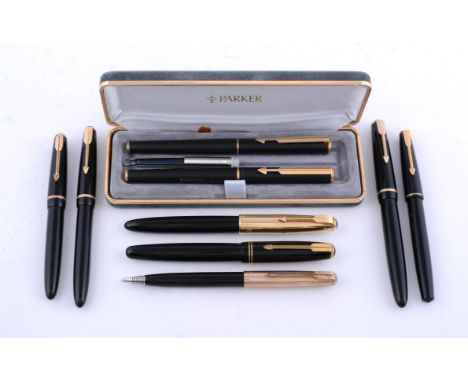 
	
		Parker, eight black fountain pens and a propelling pencil, various models to include: Parker, Slimfold, a black fountain