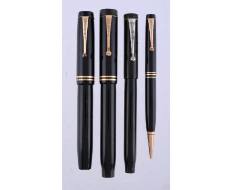 
	
		Parker, Duofold Lucky Curve, a black fountain pen, the cap with gilt clip and double cap band, the nib stamped 14K, butt