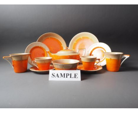 A 1930s Myott orange teaset for ten, including teapot, two milk jugs, sugar and nine side plates