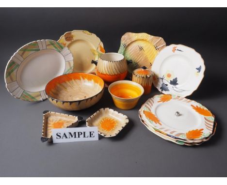 A Myott orange decorated preserve jar and cover, two similar bowls and other Myott plate dishes, etc