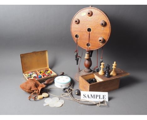 A chess set, king 3" high, no weighted bases, a quantity of mother-of-pearl gaming counters, a draughts set, and other simila