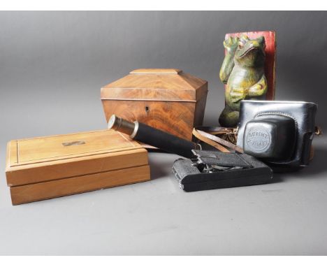 A mahogany tea caddy, a teak cigar box, a frog bookend, two cameras, a telescope and a number of Ordnance Survey Provincial E